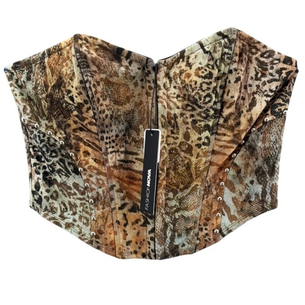 NWT Fashion Nova Corset Top Womens L Rust Wild Night Studded Leopard Baddie